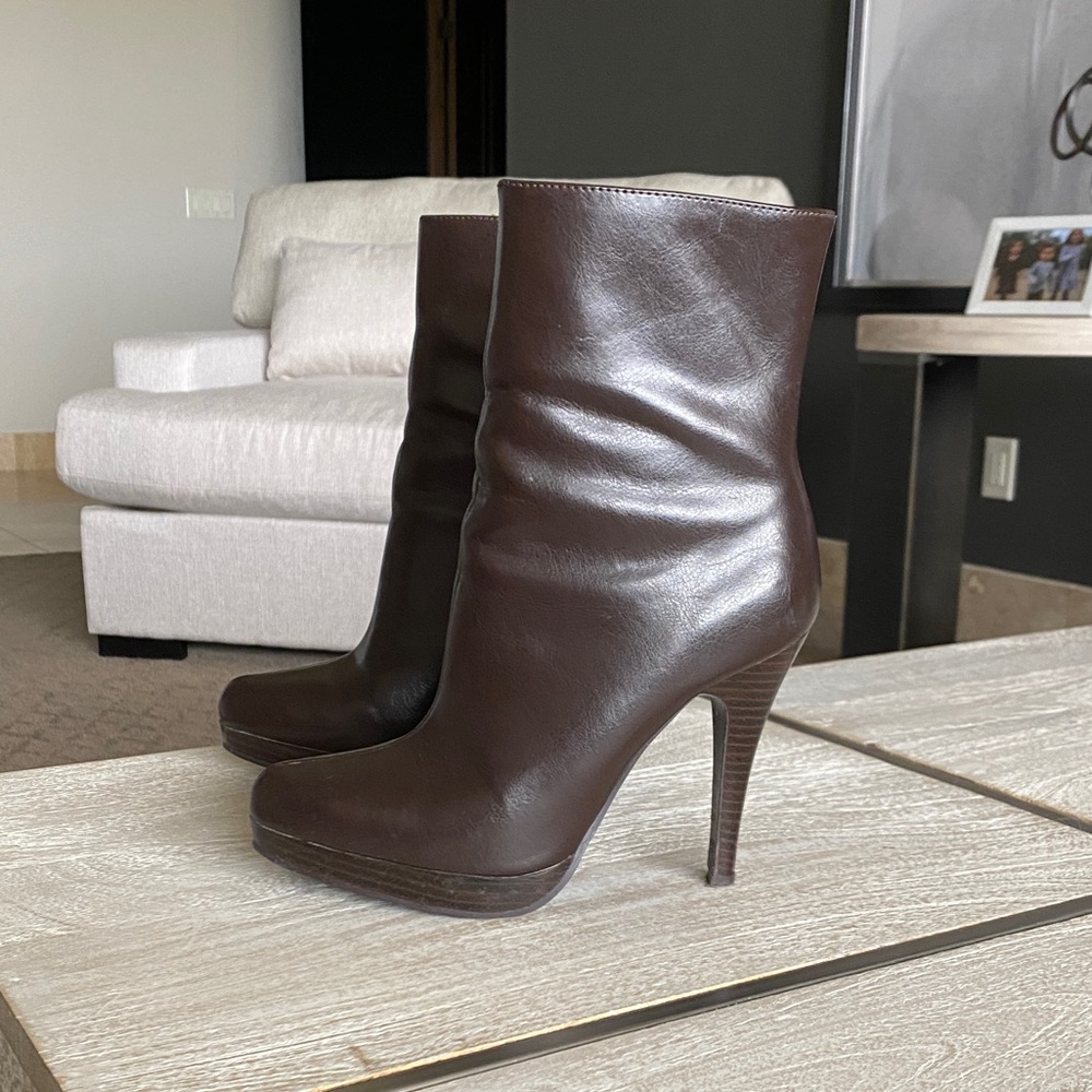 Brown Vegan Leather High Heel Booties. Size 6.5